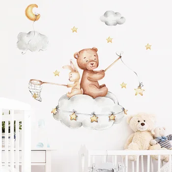 Мультяшные медведь и Кролик Спина к спине на облаках, наклейки на стену в виде звезд, наклейки на стены детской комнаты, декоративные наклейки для детской